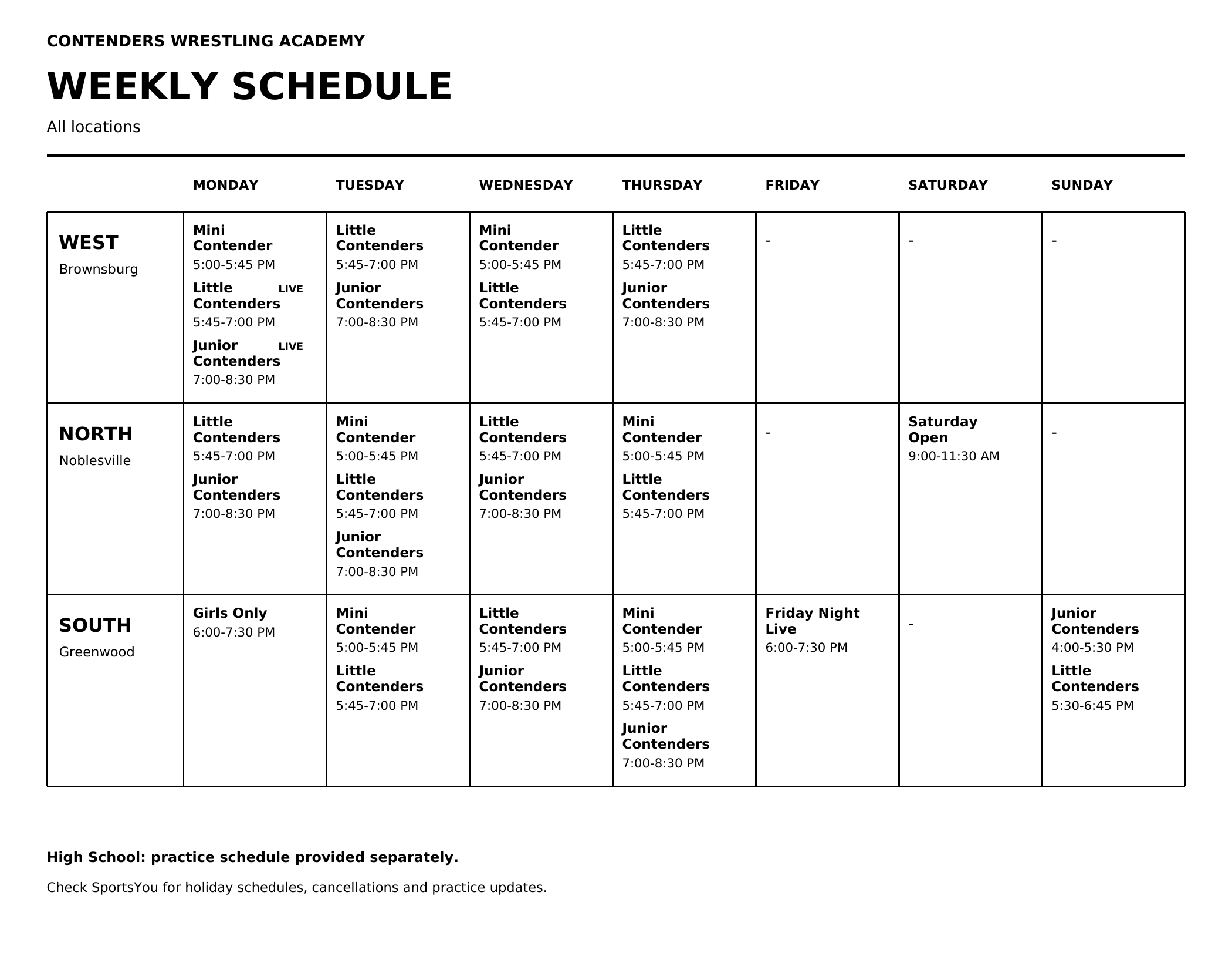 Current weekly CWA schedule for West, North and South. High School schedule is provided separately.
